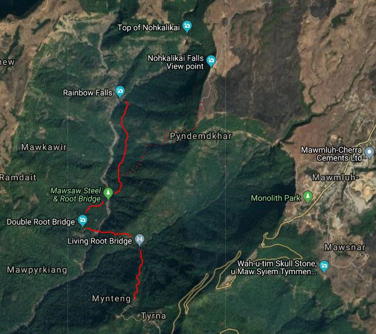 Nongriat Area Map, Meghalaya living root bridges